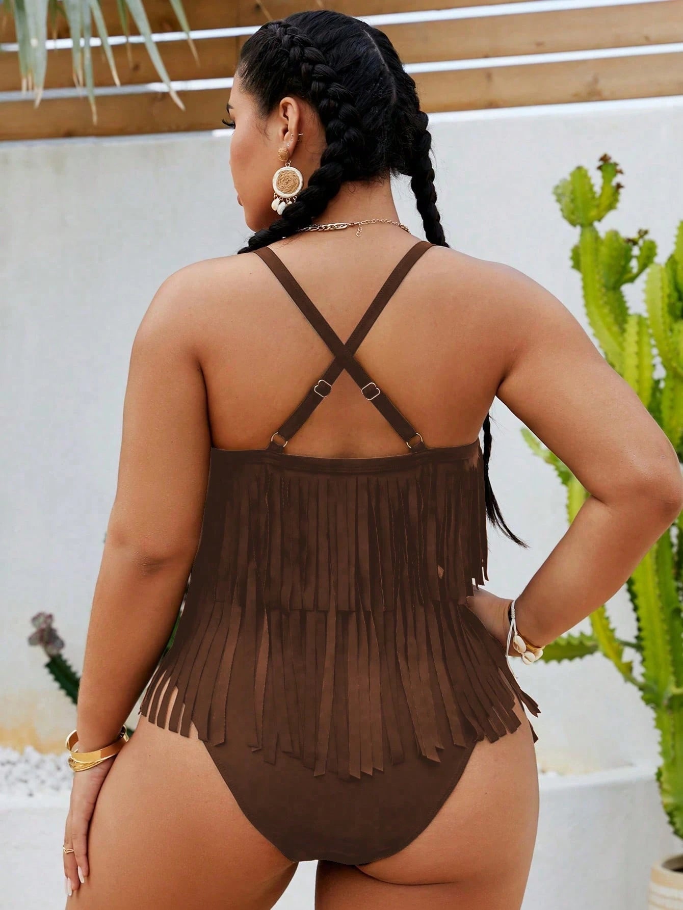Swim Vcay Plus Size Women's Solid Color Fringe Design One-Piece Swimsuit, Suitable For Beach Vacation, Pool Party, Beach Party