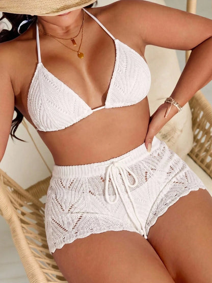 Swim Vcay Plus Size Women Solid Color Knitted Shorts, V-Neck Hollow Out Minimalist Boho Casual Shorts Suitable For Romantic Vacation, Summer Beach White