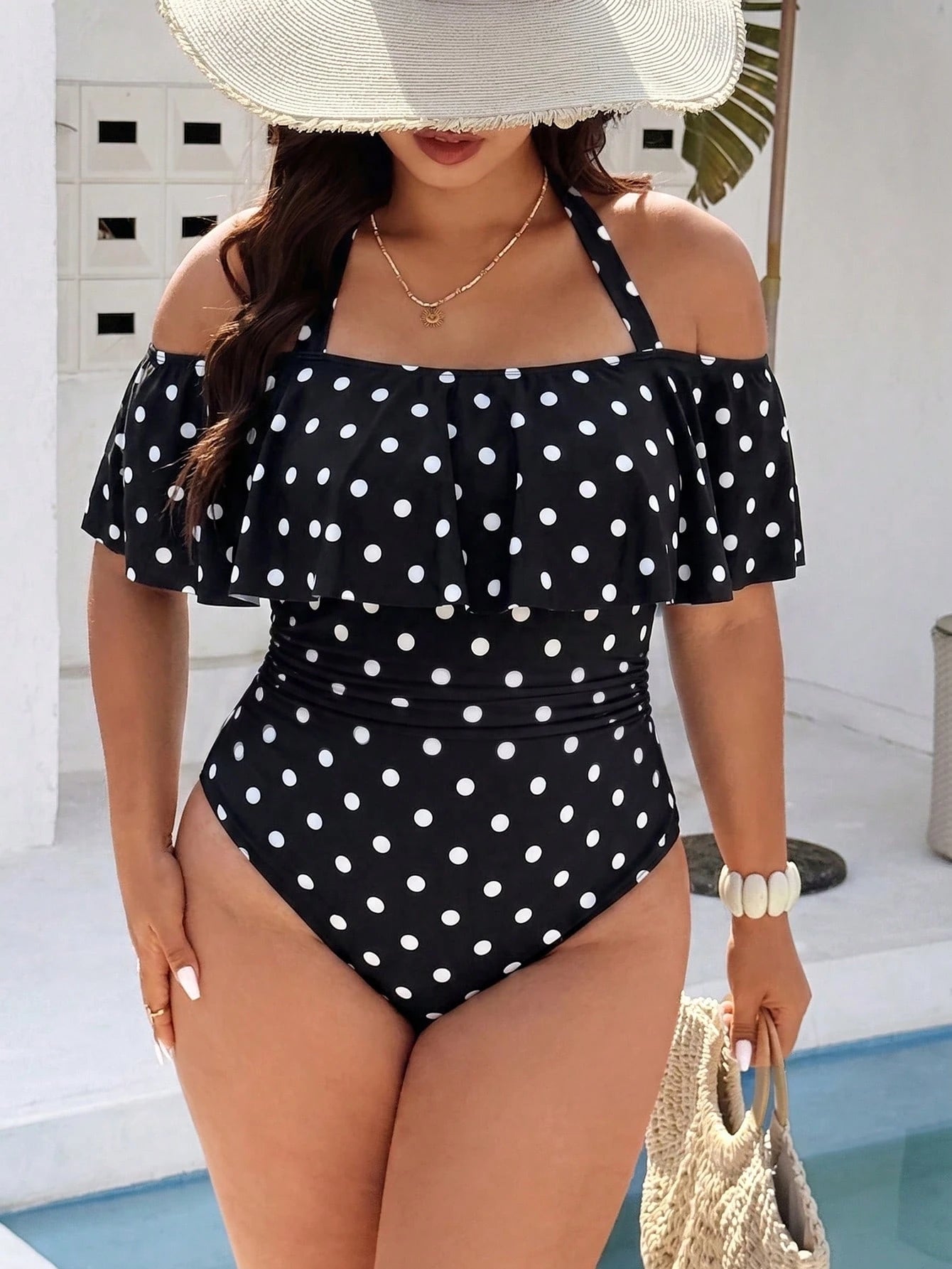 Swim Vcay Plus Size Women Swimsuit, Casual 1920s Beach Holiday White Plaid Random Print Halter Tie Ruffle One-Piece Swimwear Summer
