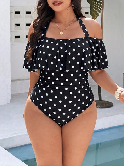 Swim Vcay Plus Size Women Swimsuit, Casual 1920s Beach Holiday White Plaid Random Print Halter Tie Ruffle One-Piece Swimwear Summer
