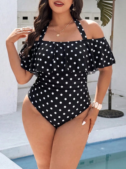 Swim Vcay Plus Size Women Swimsuit, Casual 1920s Beach Holiday White Plaid Random Print Halter Tie Ruffle One-Piece Swimwear Summer