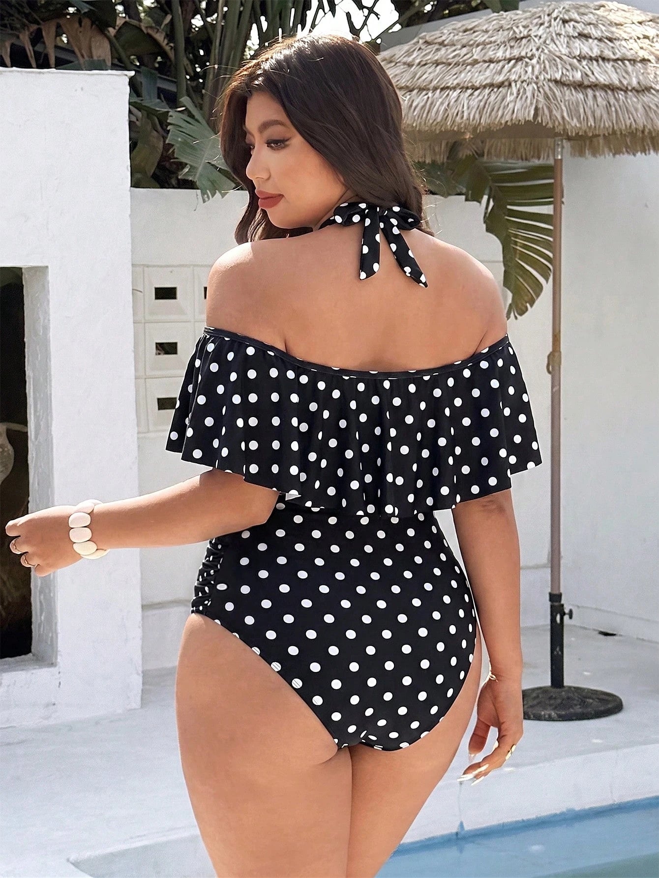 Swim Vcay Plus Size Women Swimsuit, Casual 1920s Beach Holiday White Plaid Random Print Halter Tie Ruffle One-Piece Swimwear Summer