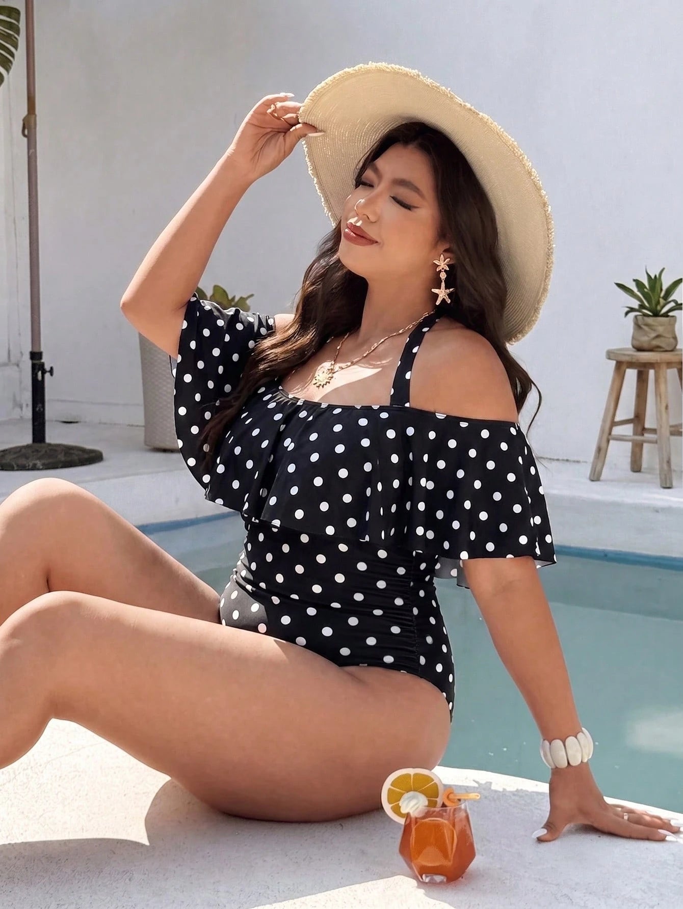 Swim Vcay Plus Size Women Swimsuit, Casual 1920s Beach Holiday White Plaid Random Print Halter Tie Ruffle One-Piece Swimwear Summer