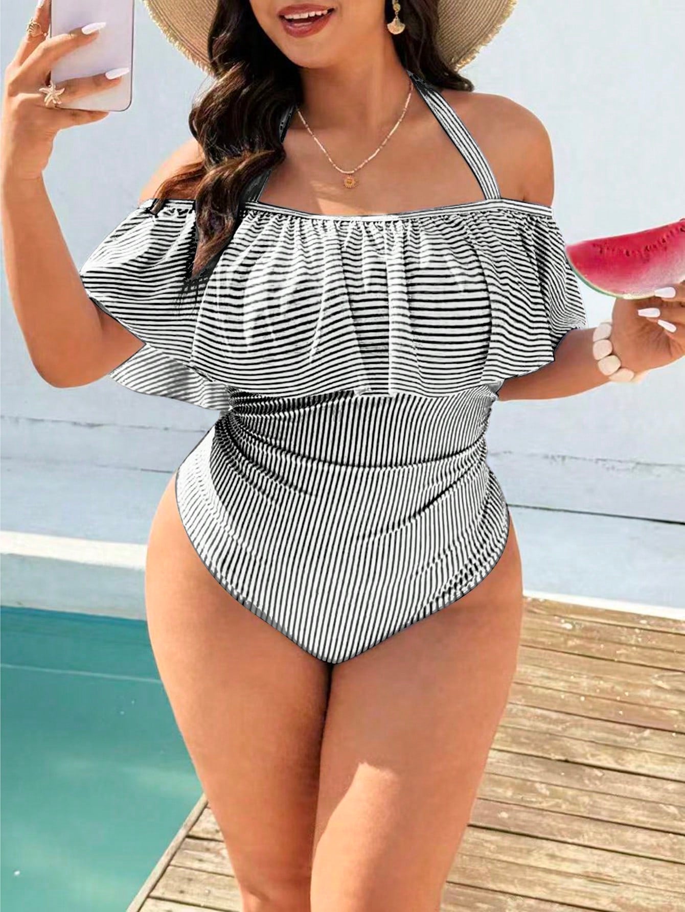 Swim Vcay Plus Size Women Swimsuit, Casual Beach Holiday Blue & White Plaid Random Print Halter Tie Ruffle One-Piece Swimwear