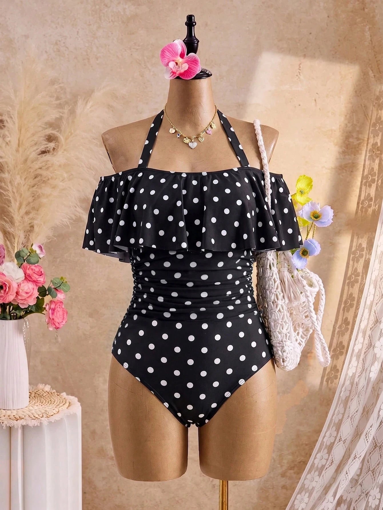Swim Vcay Plus Size Women Swimsuit, Casual 1920s Beach Holiday White Plaid Random Print Halter Tie Ruffle One-Piece Swimwear Summer