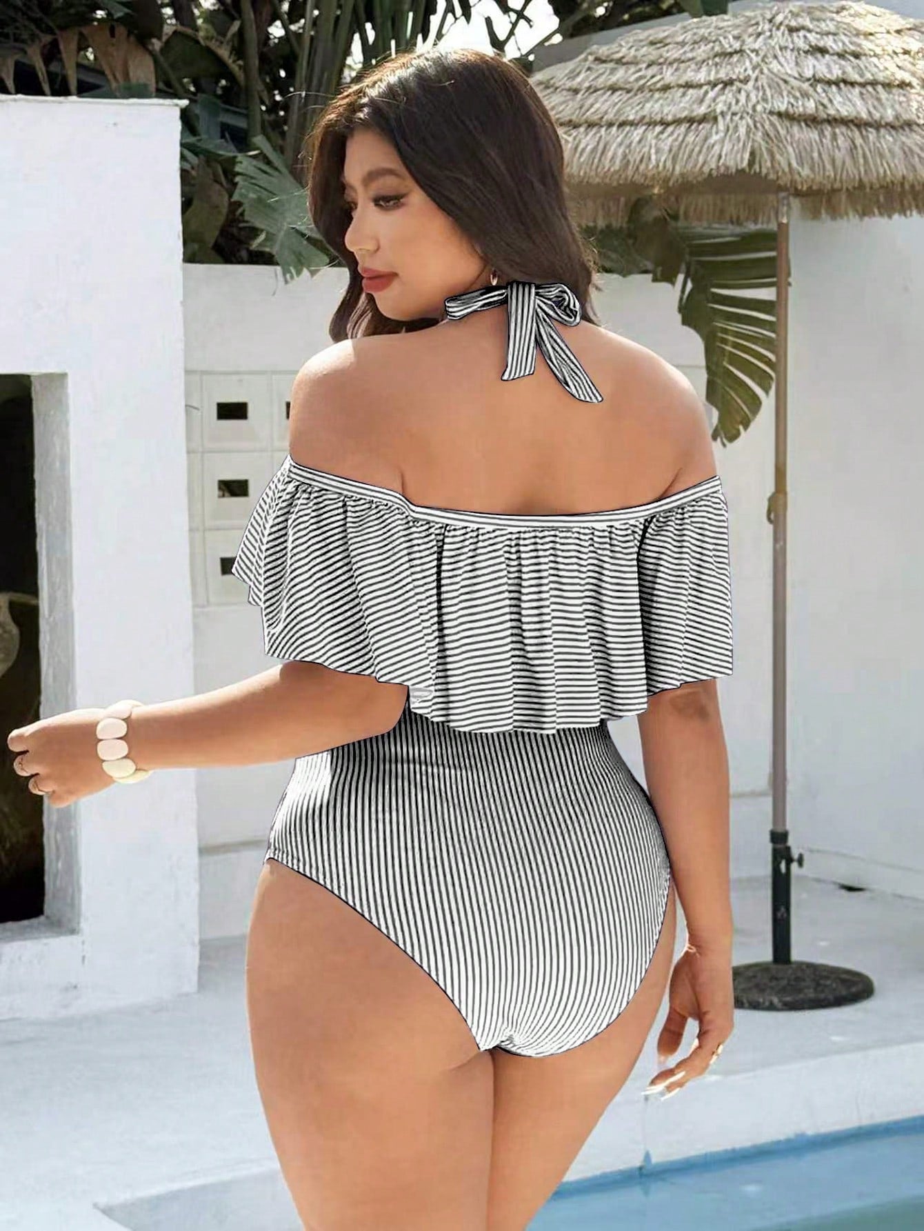 Swim Vcay Plus Size Women Swimsuit, Casual Beach Holiday Blue & White Plaid Random Print Halter Tie Ruffle One-Piece Swimwear