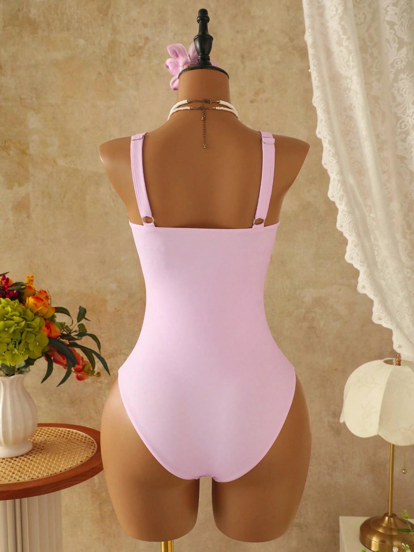 Swim Vcay Random Print Deep V-Neck Sexy One-Piece Swimsuit For Women, 2-Piece Set With Mesh Wrap Skirt, Beach Resort Sexy Swimwear
