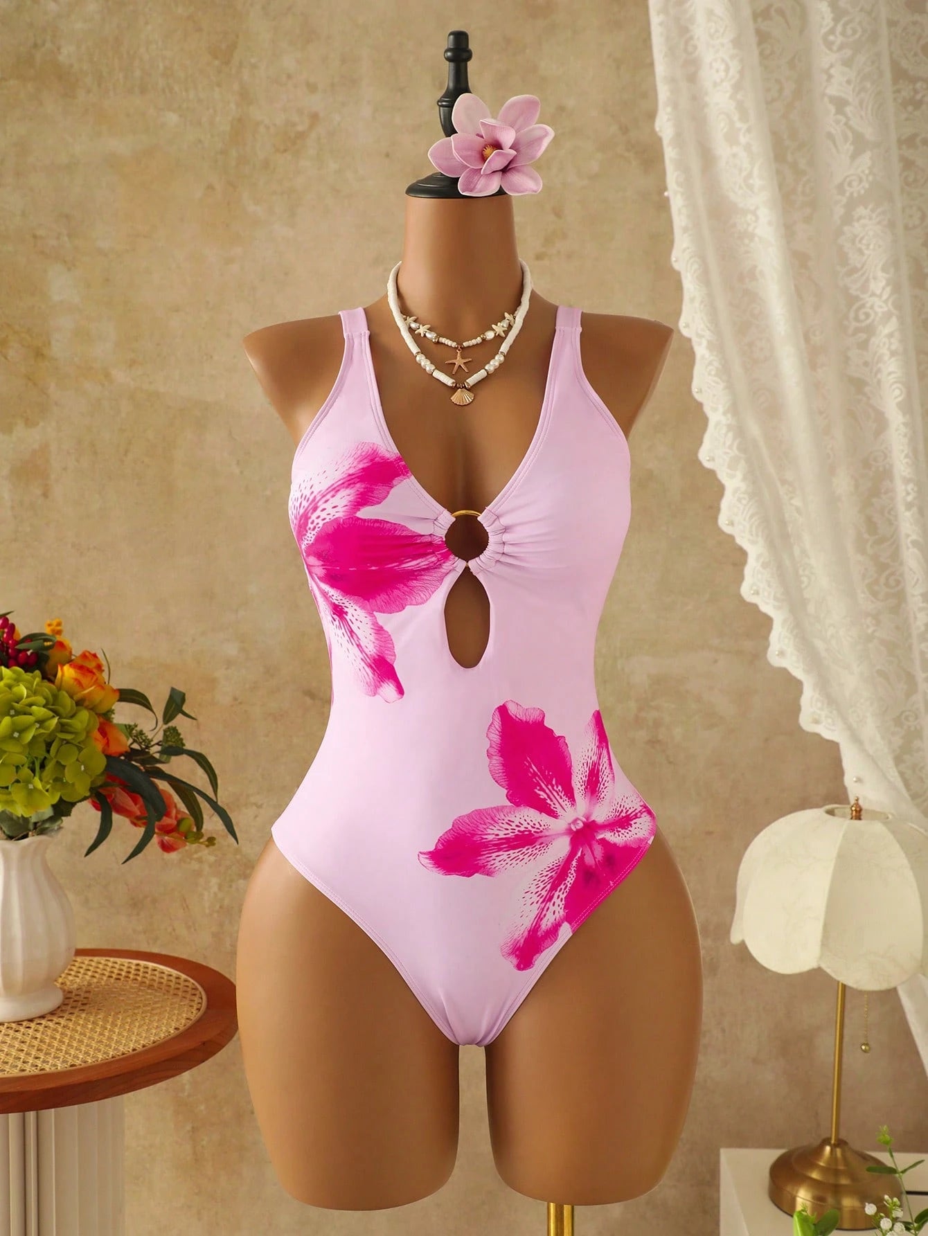 Swim Vcay Random Print Deep V-Neck Sexy One-Piece Swimsuit For Women, 2-Piece Set With Mesh Wrap Skirt, Beach Resort Sexy Swimwear