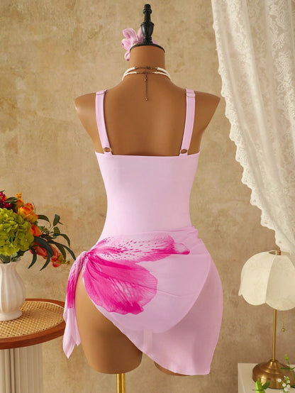 Swim Vcay Random Print Deep V-Neck Sexy One-Piece Swimsuit For Women, 2-Piece Set With Mesh Wrap Skirt, Beach Resort Sexy Swimwear