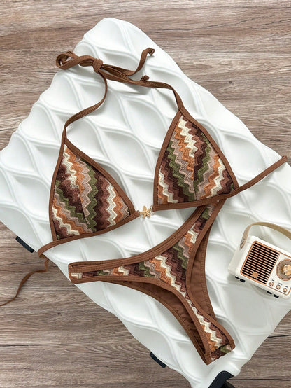 Swim Vcay Spring/Summer Solid Color Triangle Wireless Halter Backless Top And Swim Shorts Women Sexy Bikini Set For Beach Vacation