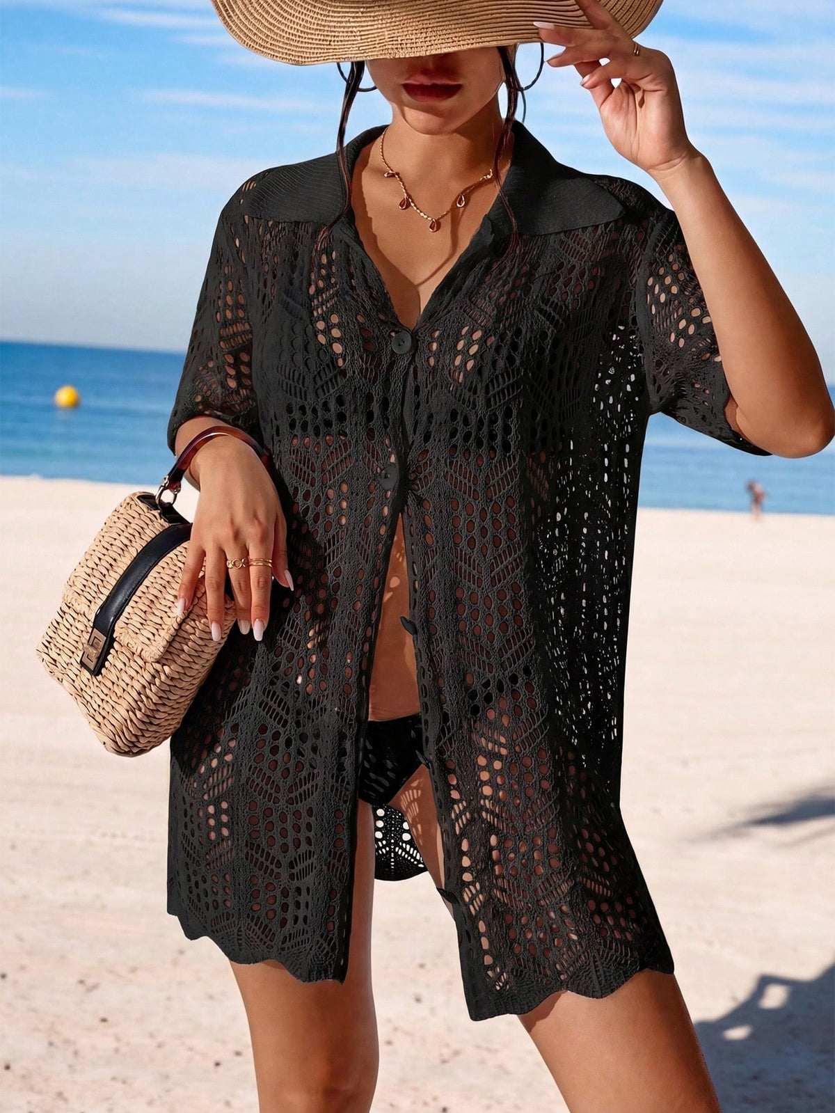 Swim Vcay Summer Beach Hollow Out Button Front Kimono