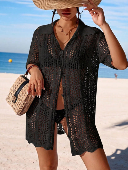 Swim Vcay Summer Beach Hollow Out Button Front Kimono