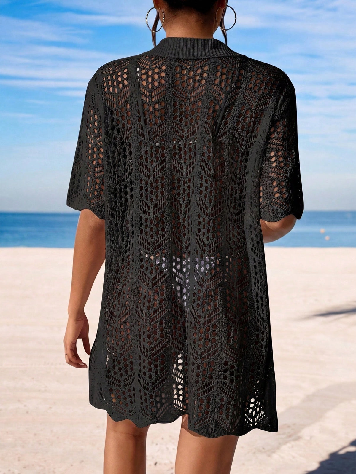 Swim Vcay Summer Beach Hollow Out Button Front Kimono
