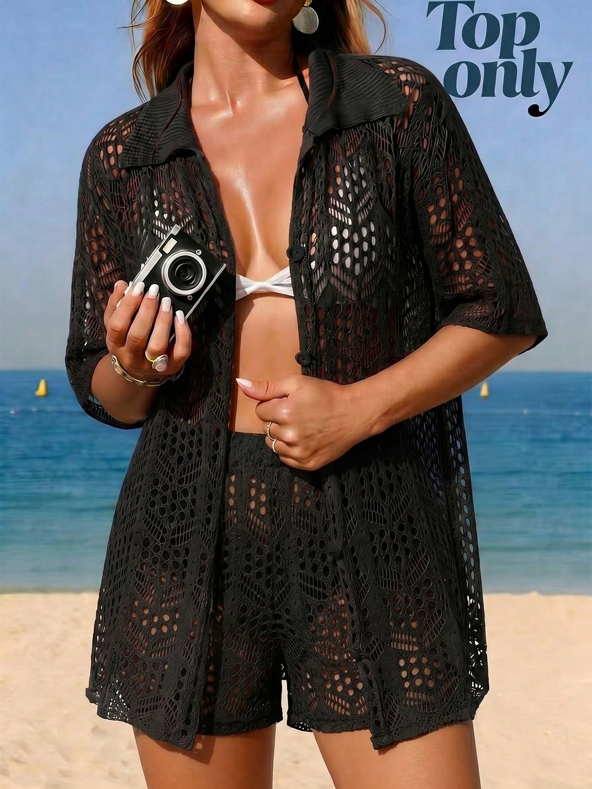 Swim Vcay Summer Beach Hollow Out Button Front Kimono