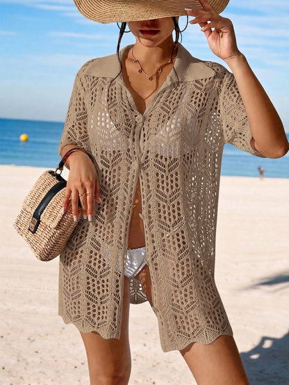 Swim Vcay Summer Beach Hollow Out Button Front Kimono