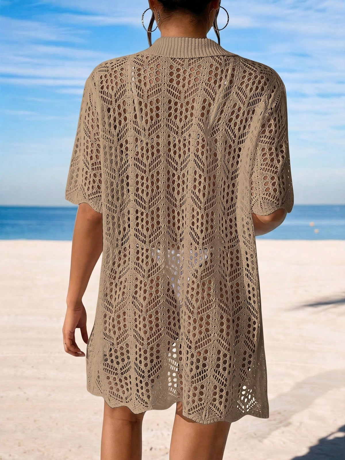 Swim Vcay Summer Beach Hollow Out Button Front Kimono
