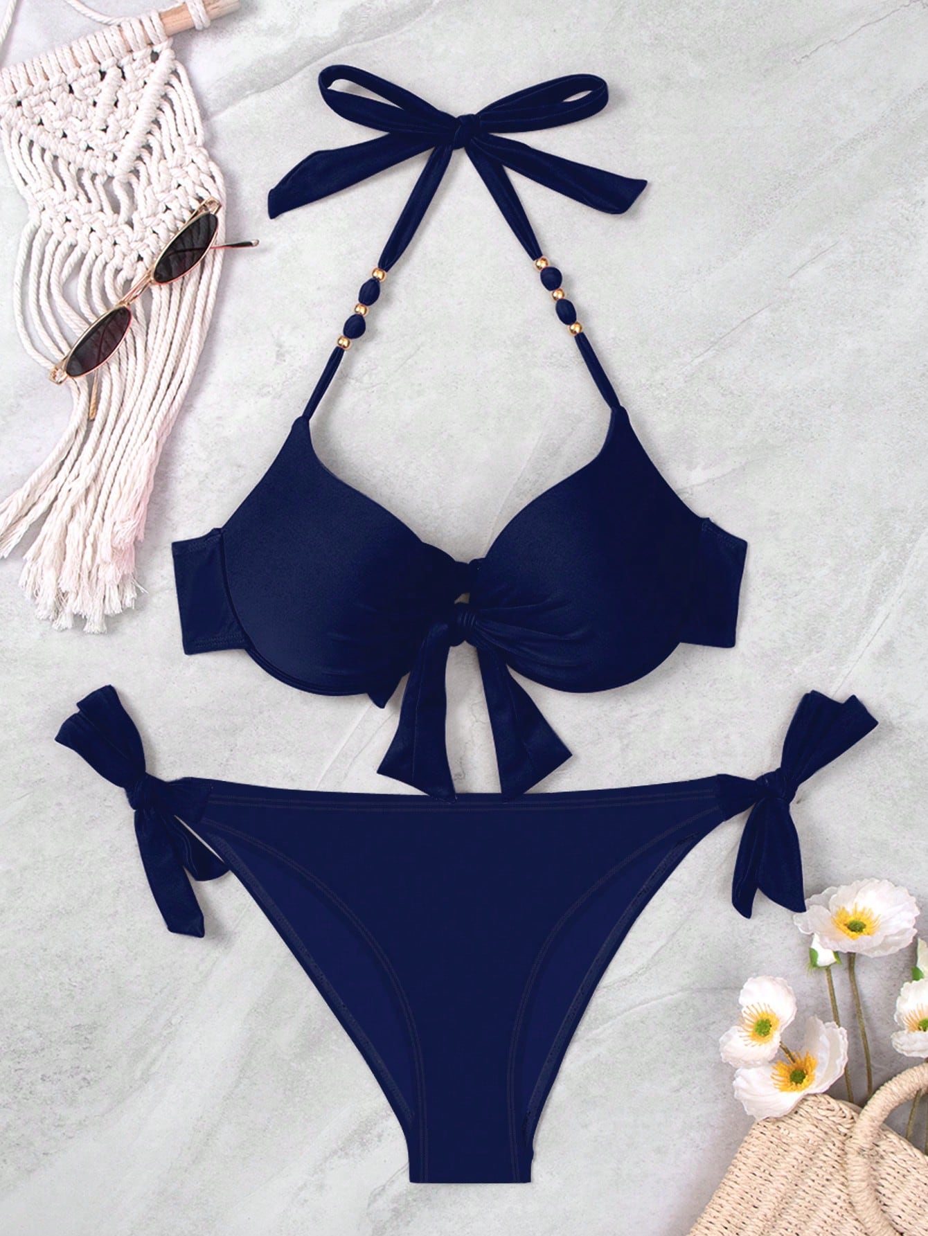 Swim Vcay Summer Beach Push Up Enhancing Wire Full Coverage Solid Two-Piece Bikini Set