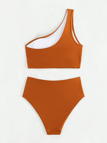 Swim Vcay Summer Beach Women's One Shoulder Ruched Bikini Set, Bathing Suit