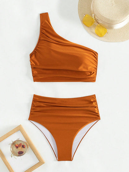 Swim Vcay Summer Beach Women's One Shoulder Ruched Bikini Set, Bathing Suit