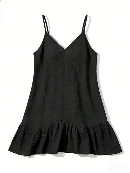Swim Vcay Summer Clothes Women Summer Casual Beach Dress, Solid Color Textured Fabric, Adjustable Straps, Ruffle Trim Hem Coverup