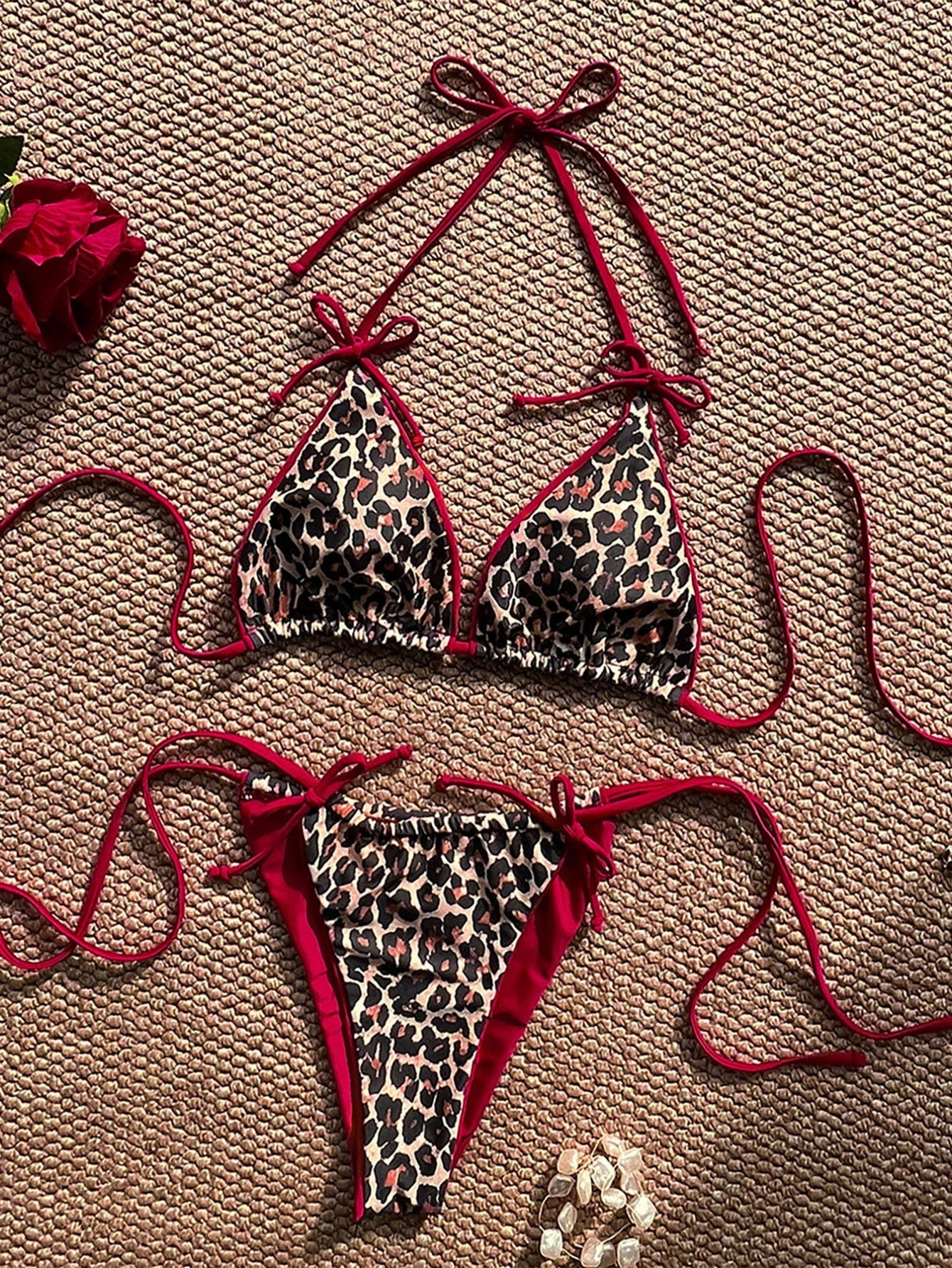 Swim Vcay Summer Leopard Print Bowknot Front Halter Spaghetti Strap Bikini Swimwear Set For Women