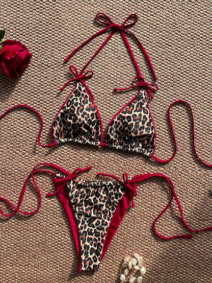 Swim Vcay Summer Leopard Print Bowknot Front Halter Spaghetti Strap Bikini Swimwear Set For Women