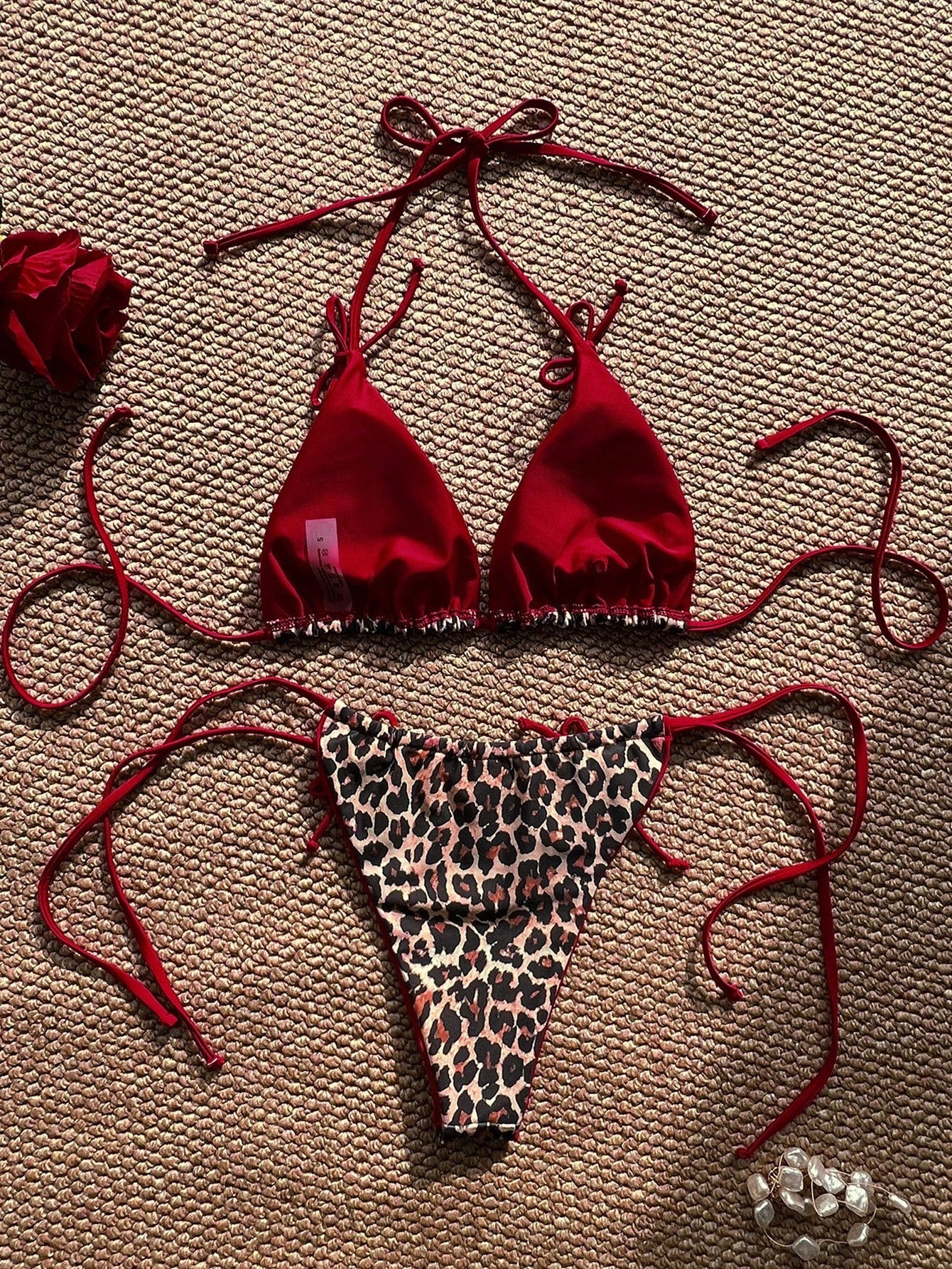 Swim Vcay Summer Leopard Print Bowknot Front Halter Spaghetti Strap Bikini Swimwear Set For Women