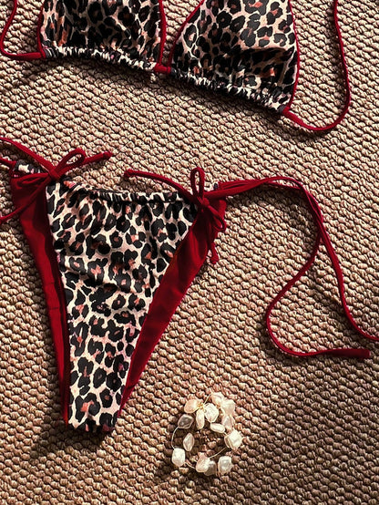 Swim Vcay Summer Leopard Print Bowknot Front Halter Spaghetti Strap Bikini Swimwear Set For Women