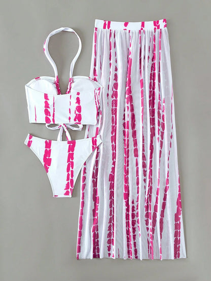 Swim Vcay Tie Dye Halter Bikini Set For Summer With Beach Skirt