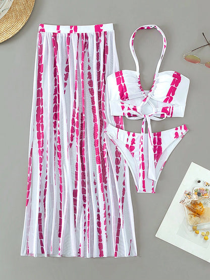 Swim Vcay Tie Dye Halter Bikini Set For Summer With Beach Skirt