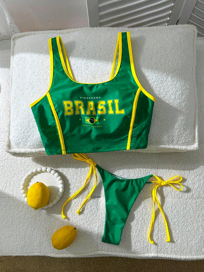 Swim Vcay Women's Casual Vacation Brazil Letter Print Bikini Set, Spring/Summer
