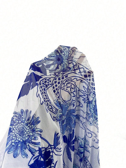 Swim Vcay Women's Dragon & Flower Printed Beach Wrap Kimono Cover Up, Perfect For Vacation,Summer Beach