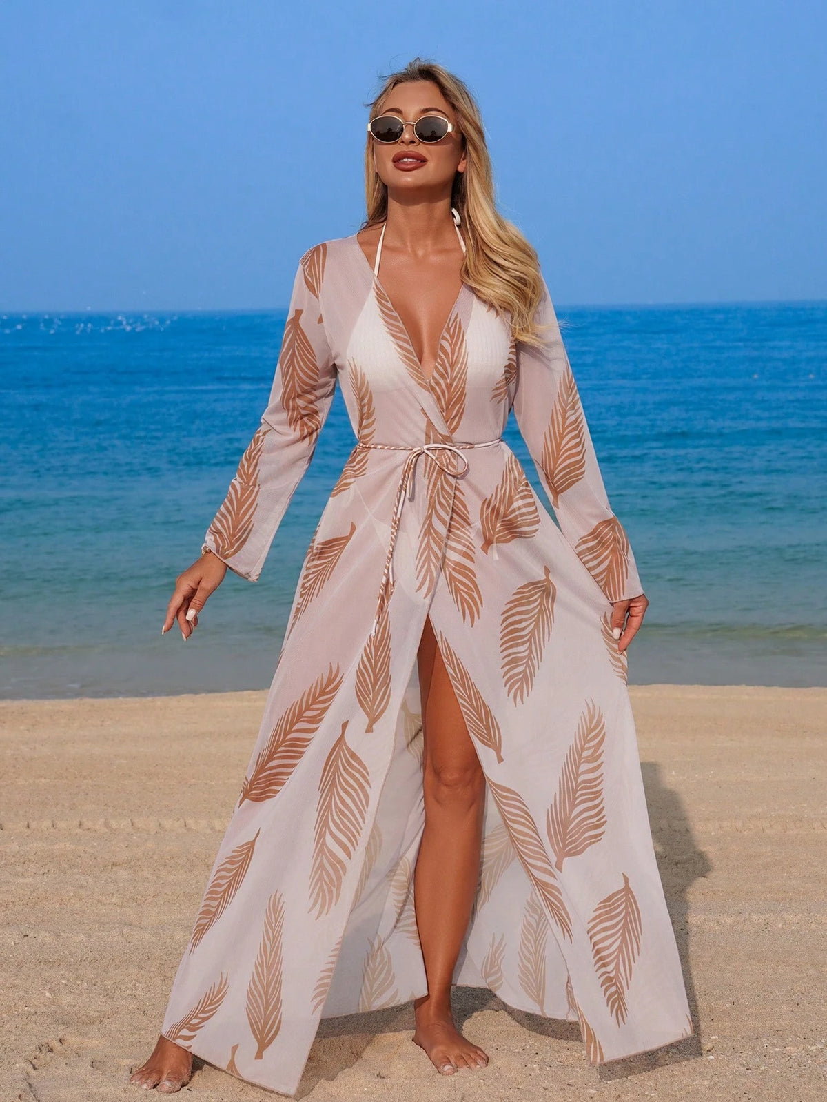Swim Vcay Women's Elegant Random Leaf Print Long Sleeve Kimono Cover Up, Summer