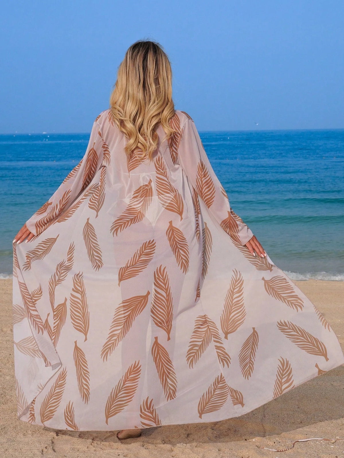 Swim Vcay Women's Elegant Random Leaf Print Long Sleeve Kimono Cover Up, Summer