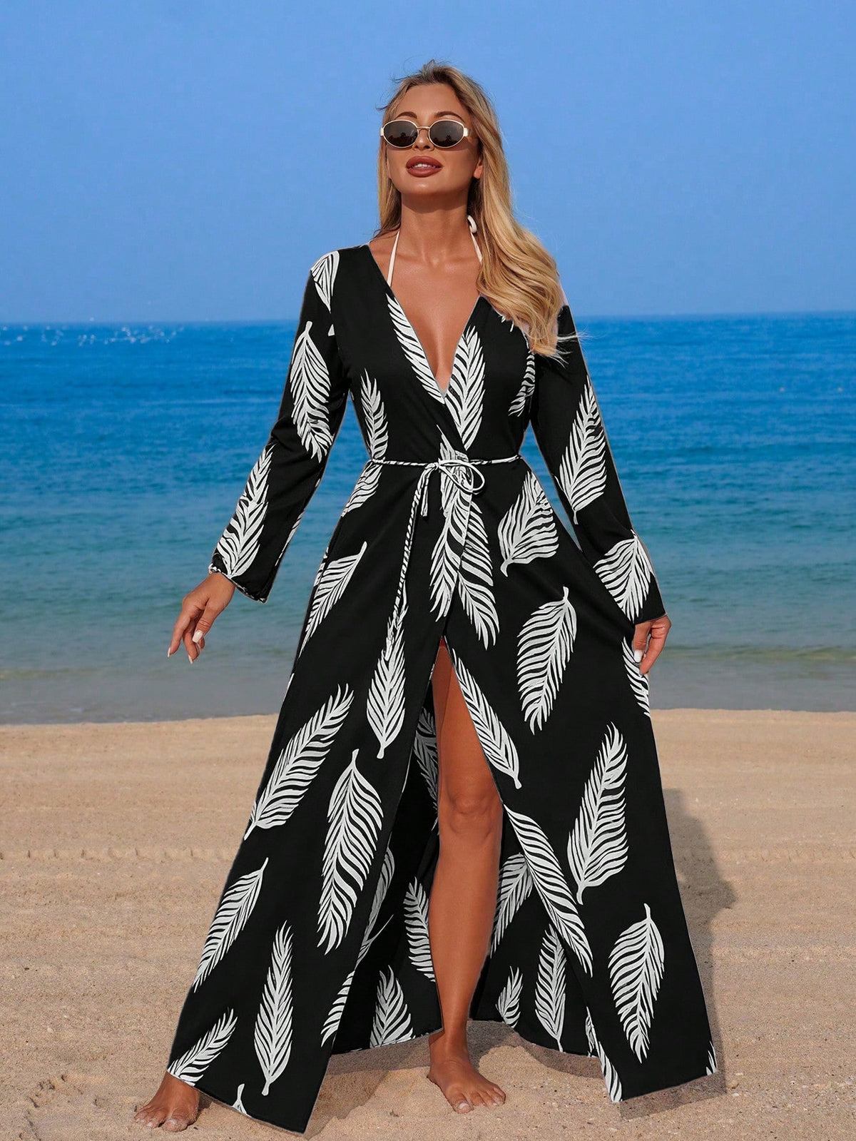 Swim Vcay Women's Elegant Random Leaf Print Long Sleeve Kimono Cover Up, Summer