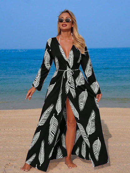 Swim Vcay Women's Elegant Random Leaf Print Long Sleeve Kimono Cover Up, Summer