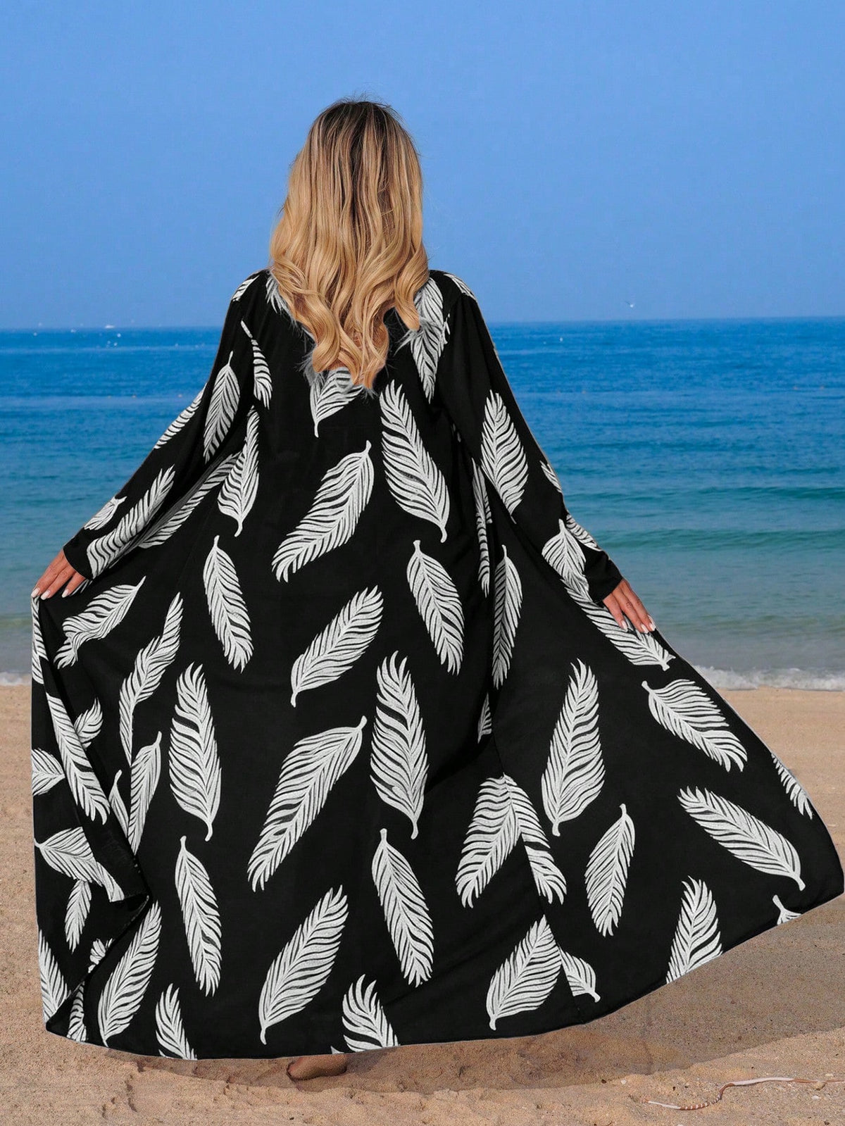 Swim Vcay Women's Elegant Random Leaf Print Long Sleeve Kimono Cover Up, Summer