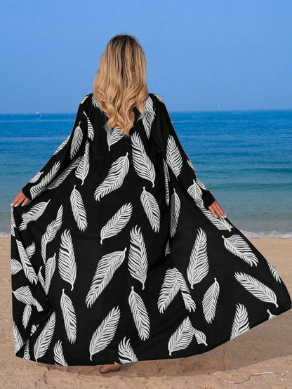 Swim Vcay Women's Elegant Random Leaf Print Long Sleeve Kimono Cover Up, Summer