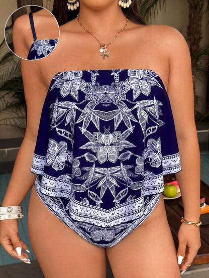 Swim Vcay Women's Plus Size 2-Piece Tankini Bikini Set,Blue & White Placement Print Scoop Neck Top & High Waist Triangle Bottoms,Boho Summer Vacation Holiday