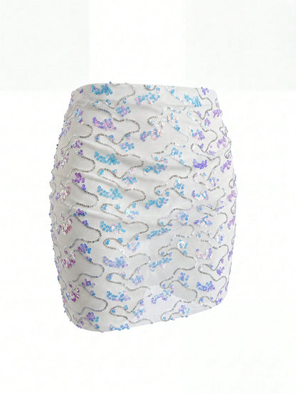 Swim Vcay Women's Sexy Light Blue Sequin Beach Cover-Up Mini Skirt For Summer Vacations,Sexy Beachwear For Hot Girls