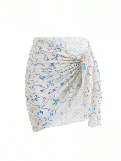 Swim Vcay Women's Sexy Light Blue Sequin Beach Cover-Up Mini Skirt For Summer Vacations,Sexy Beachwear For Hot Girls