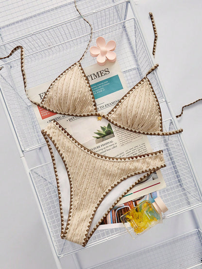 Swim Vcay Women's Summer Beach Color Block Halter Tie Sexy Bikini And Triangle Bottom Two-Piece Swimsuit Set
