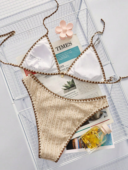 Swim Vcay Women's Summer Beach Color Block Halter Tie Sexy Bikini And Triangle Bottom Two-Piece Swimsuit Set