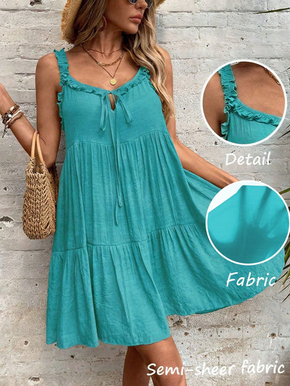 Swim Vcay Women's Summer Beach Solid Color Sleeveless Frill Trim Tie Front Cover Up Dress