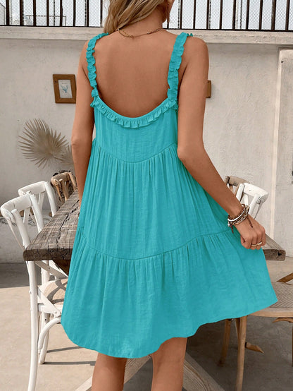 Swim Vcay Women's Summer Beach Solid Color Sleeveless Frill Trim Tie Front Cover Up Dress