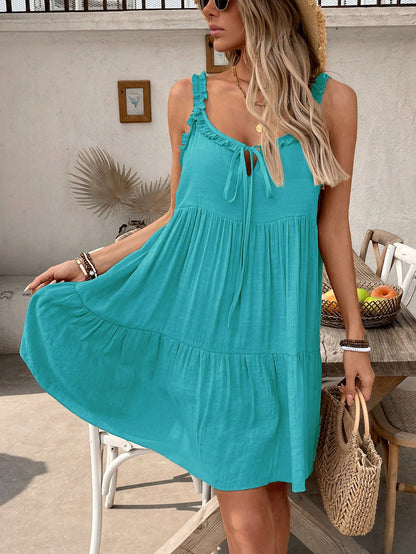 Swim Vcay Women's Summer Beach Solid Color Sleeveless Frill Trim Tie Front Cover Up Dress