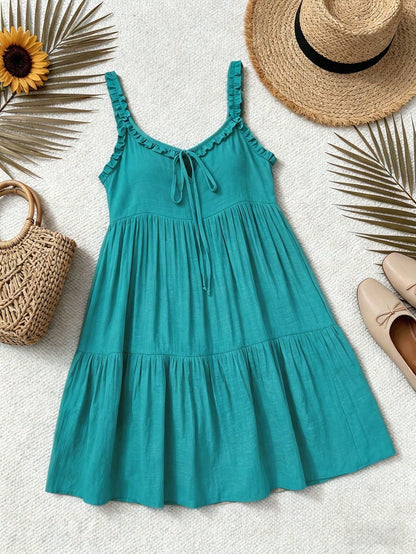 Swim Vcay Women's Summer Beach Solid Color Sleeveless Frill Trim Tie Front Cover Up Dress