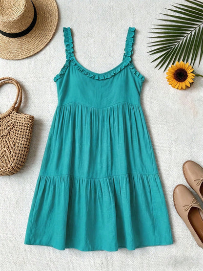 Swim Vcay Women's Summer Beach Solid Color Sleeveless Frill Trim Tie Front Cover Up Dress