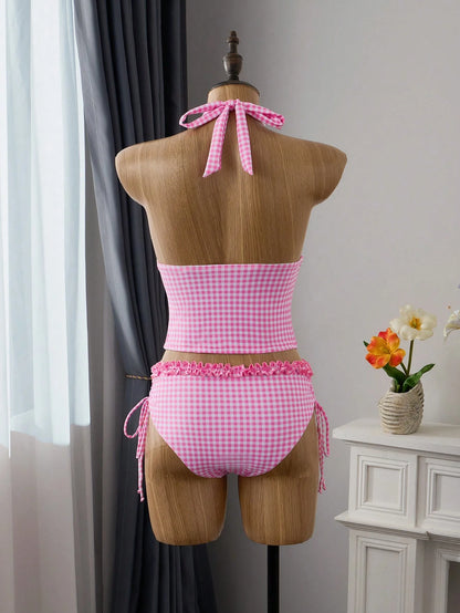 Swim Vcay Women's Summer Pink Cute Plaid Tankinis 2-Piece Set,Ruffle Halter Neck Tie Top,Drawstring Side Ruched Bikini Bottoms Bathing Suit,Holiday Pool Party