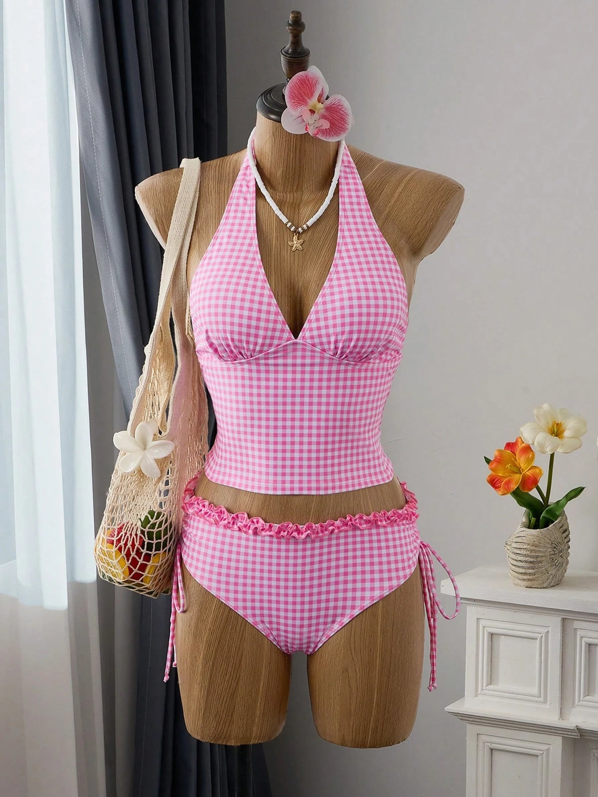 Swim Vcay Women's Summer Pink Cute Plaid Tankinis 2-Piece Set,Ruffle Halter Neck Tie Top,Drawstring Side Ruched Bikini Bottoms Bathing Suit,Holiday Pool Party